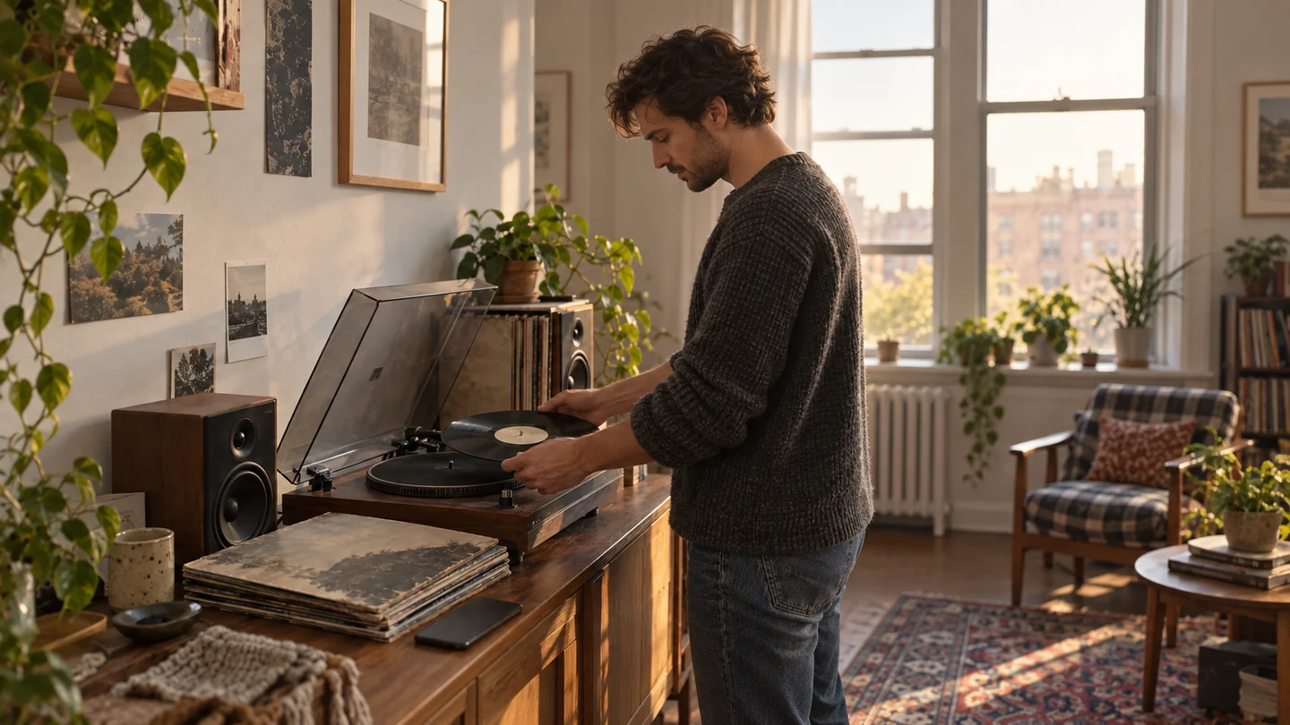 Un collectionneur installe un disque vinyle sur une platine dans son salon.
