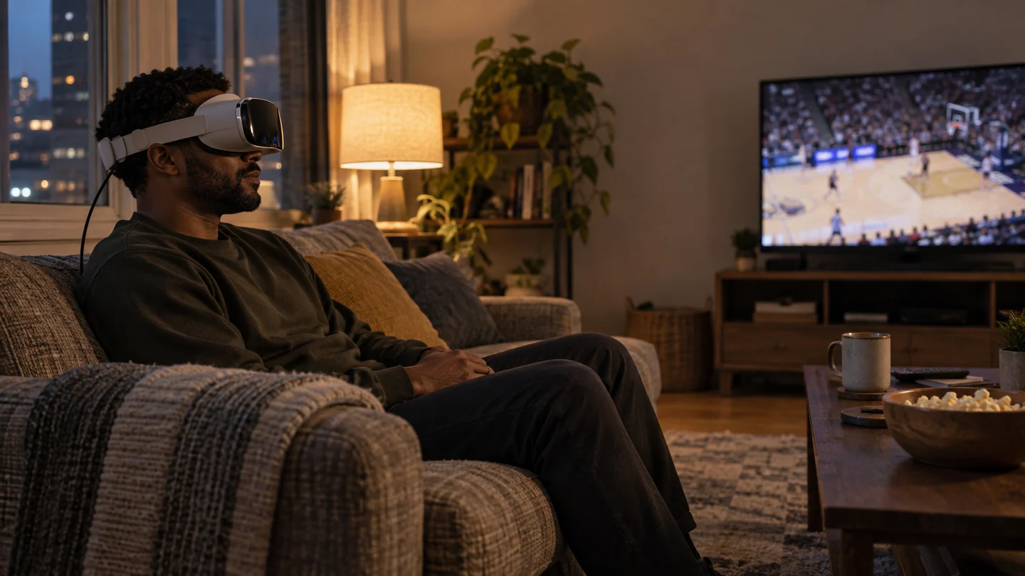 Une personne regarde un match de basket avec un casque de réalité virtuelle, assise dans son salon.