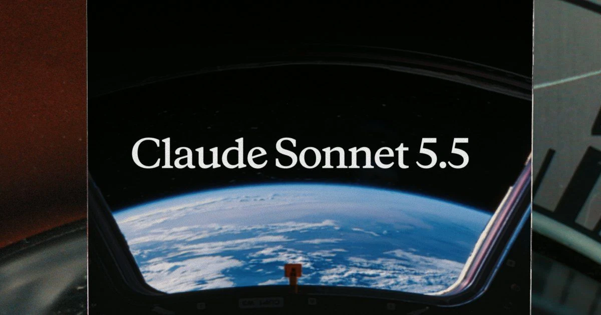 Visuel officiel de lancement de Claude Sonnet 5.5 : le nom du modèle au-dessus de la Terre, vue par le hublot d’un vaisseau spatial.
