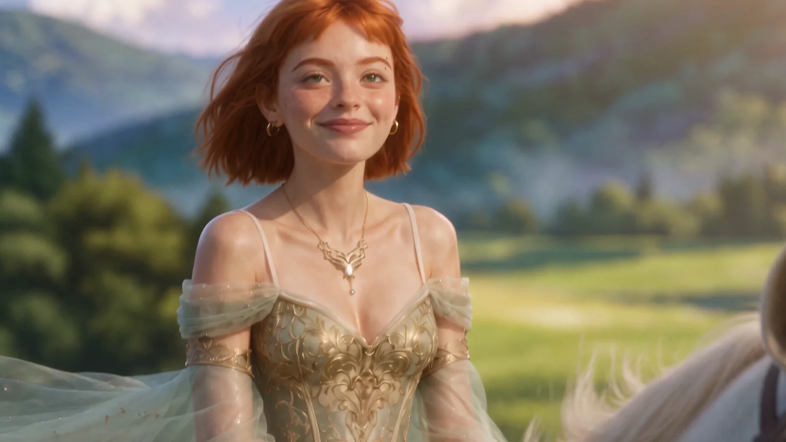Une jeune femme rousse aux taches de rousseur, en robe dorée, sourit dans une prairie au pied de collines boisées, un cheval blanc à côté d’elle : un personnage entièrement généré par IA dans la vidéo de présentation de Dramagic.
