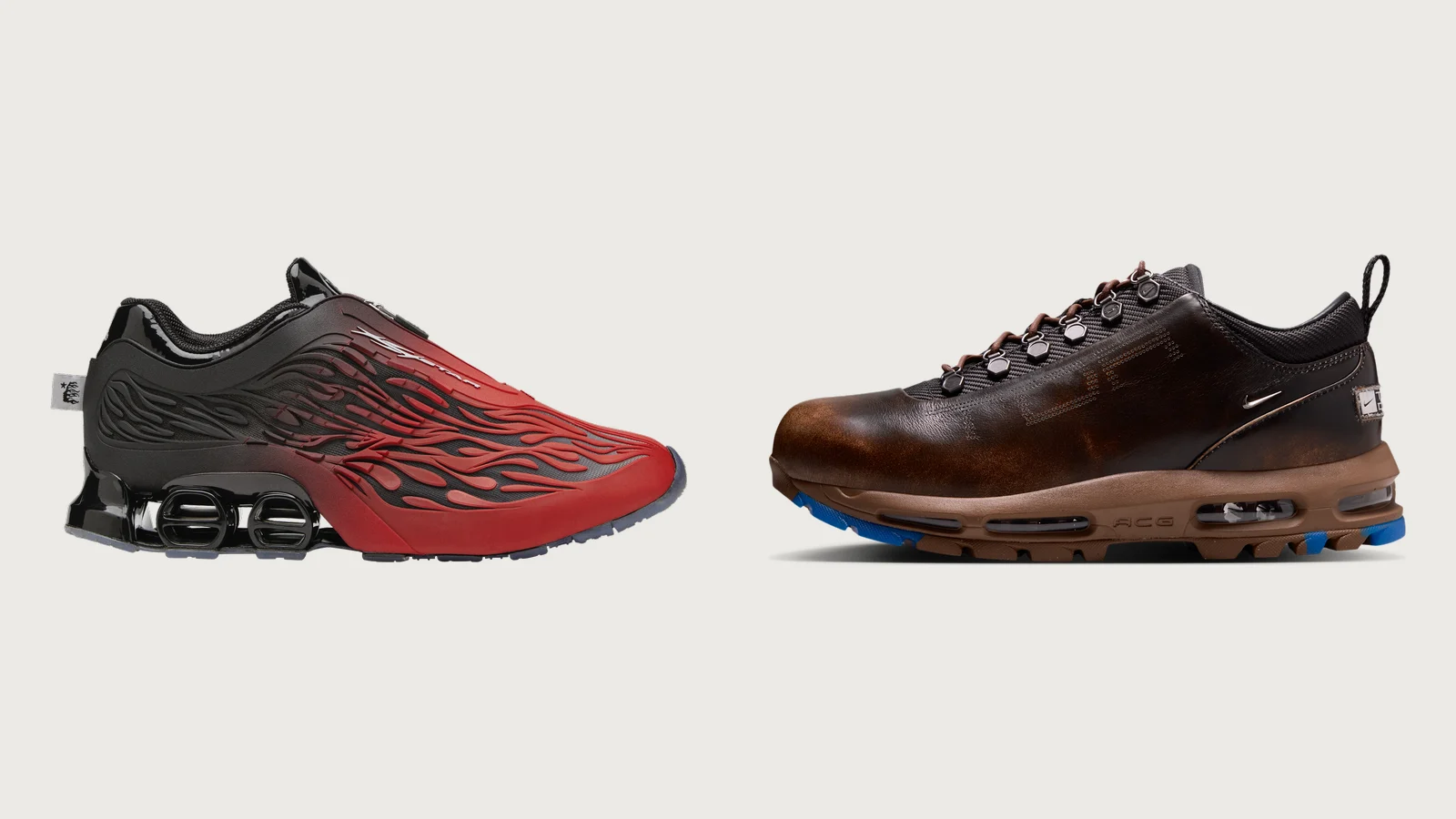 Deux sneakers de profil sur fond gris clair uni : à gauche une adidas Megaride S2 rouge et noire couverte de flammes en relief, à droite une Nike Air Max Goadome Low en cuir brun patiné à semelle marron et touches bleues.