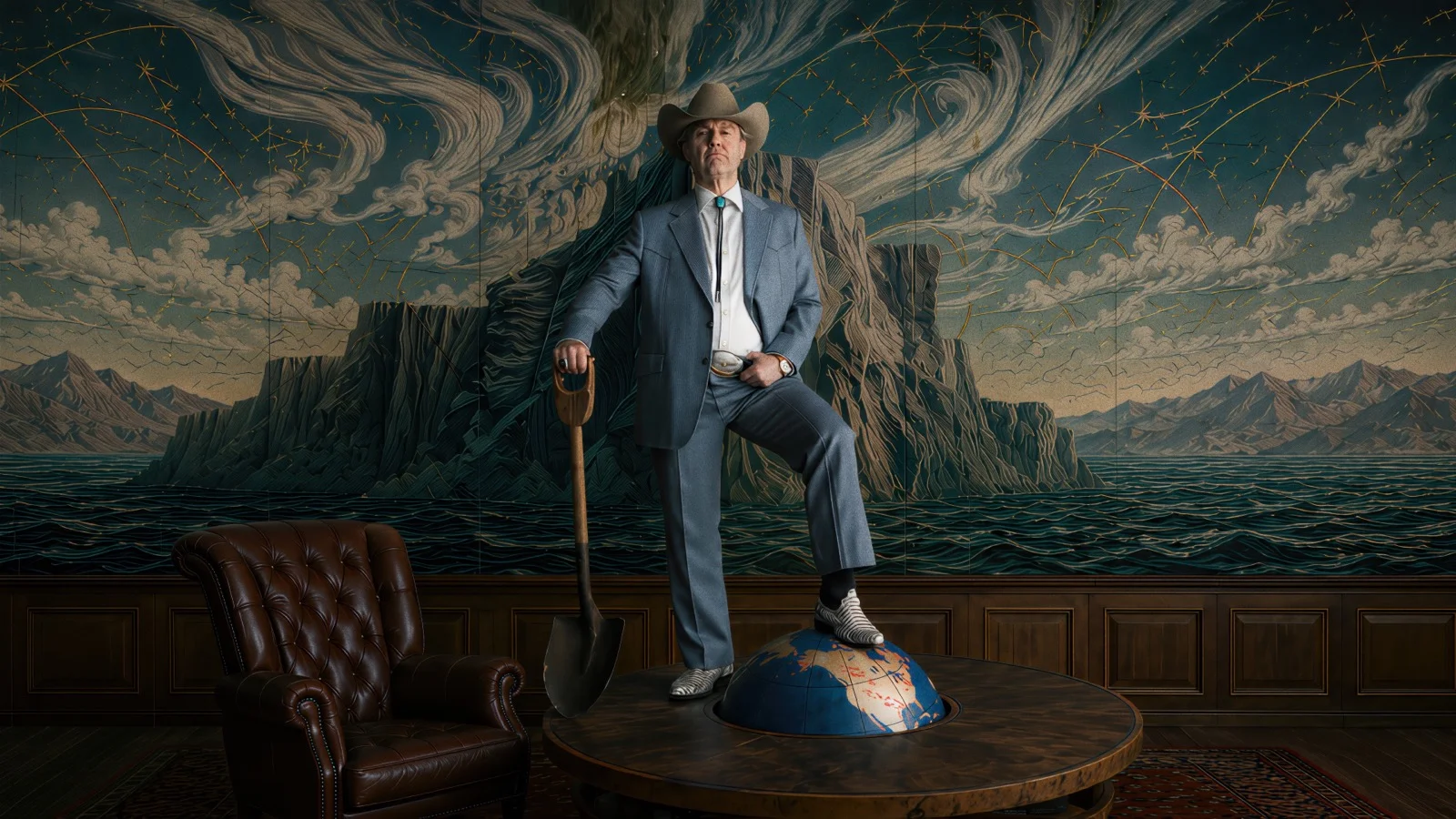 Tom Cruise dans Digger : en costume bleu clair et chapeau de cow-boy, une pelle à la main, un pied posé sur un globe terrestre, devant une fresque de falaises et de ciel tourmenté.
