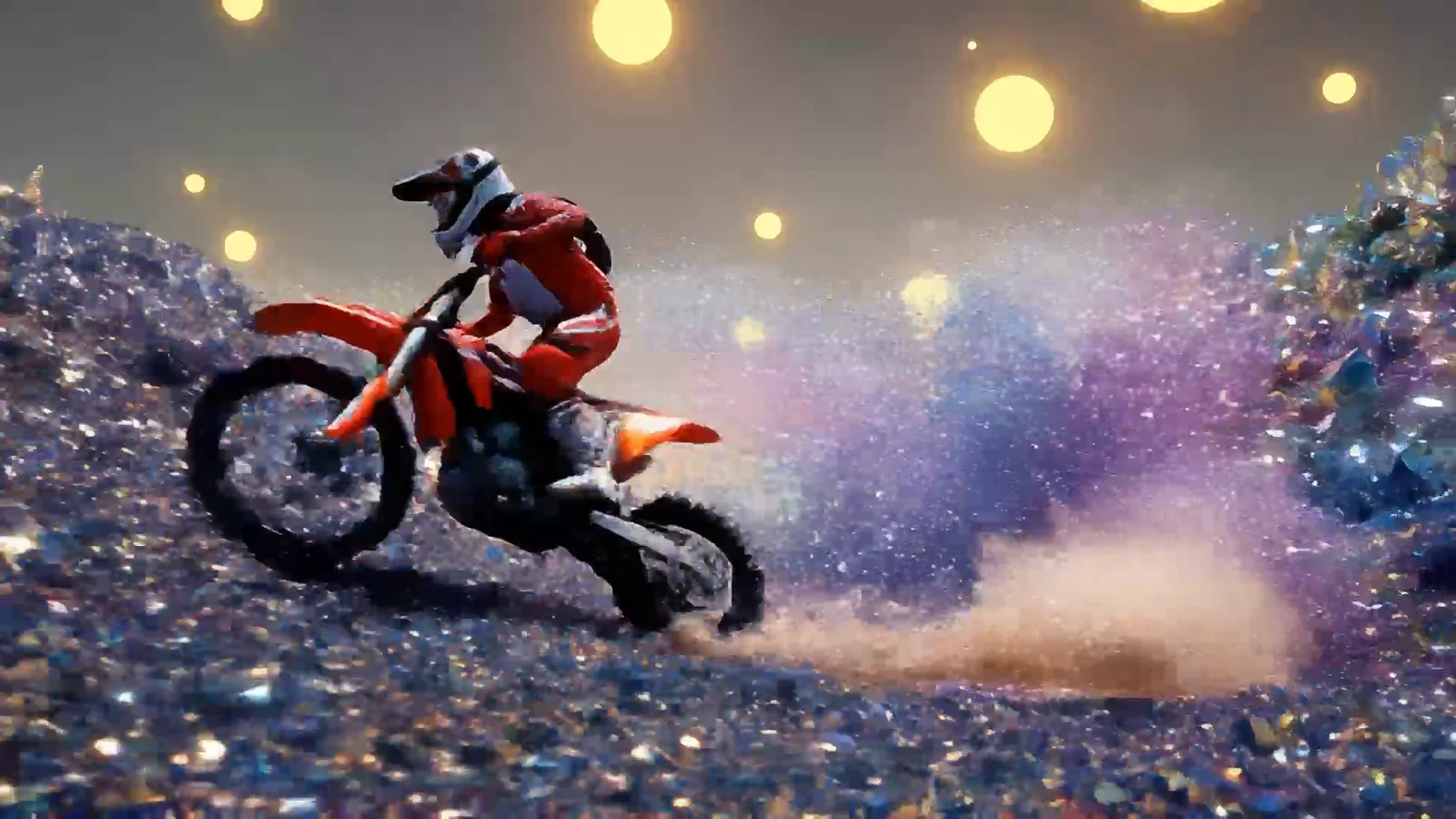 Un pilote de motocross en combinaison rouge fait déraper sa moto sur une pente couverte de cristaux violets et dorés, sous des sphères lumineuses : une scène générée par l’IA vidéo Veo de Google DeepMind.