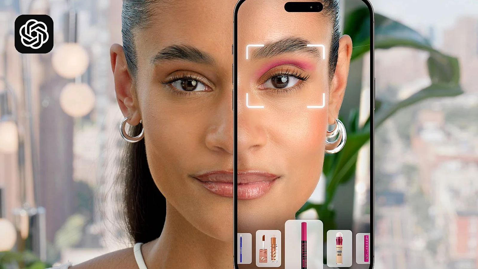 Montage : le visage d’une femme, à moitié montré au naturel, à moitié à travers l’écran d’un téléphone qui affiche un maquillage essayé virtuellement, avec le pictogramme de ChatGPT en haut à gauche.