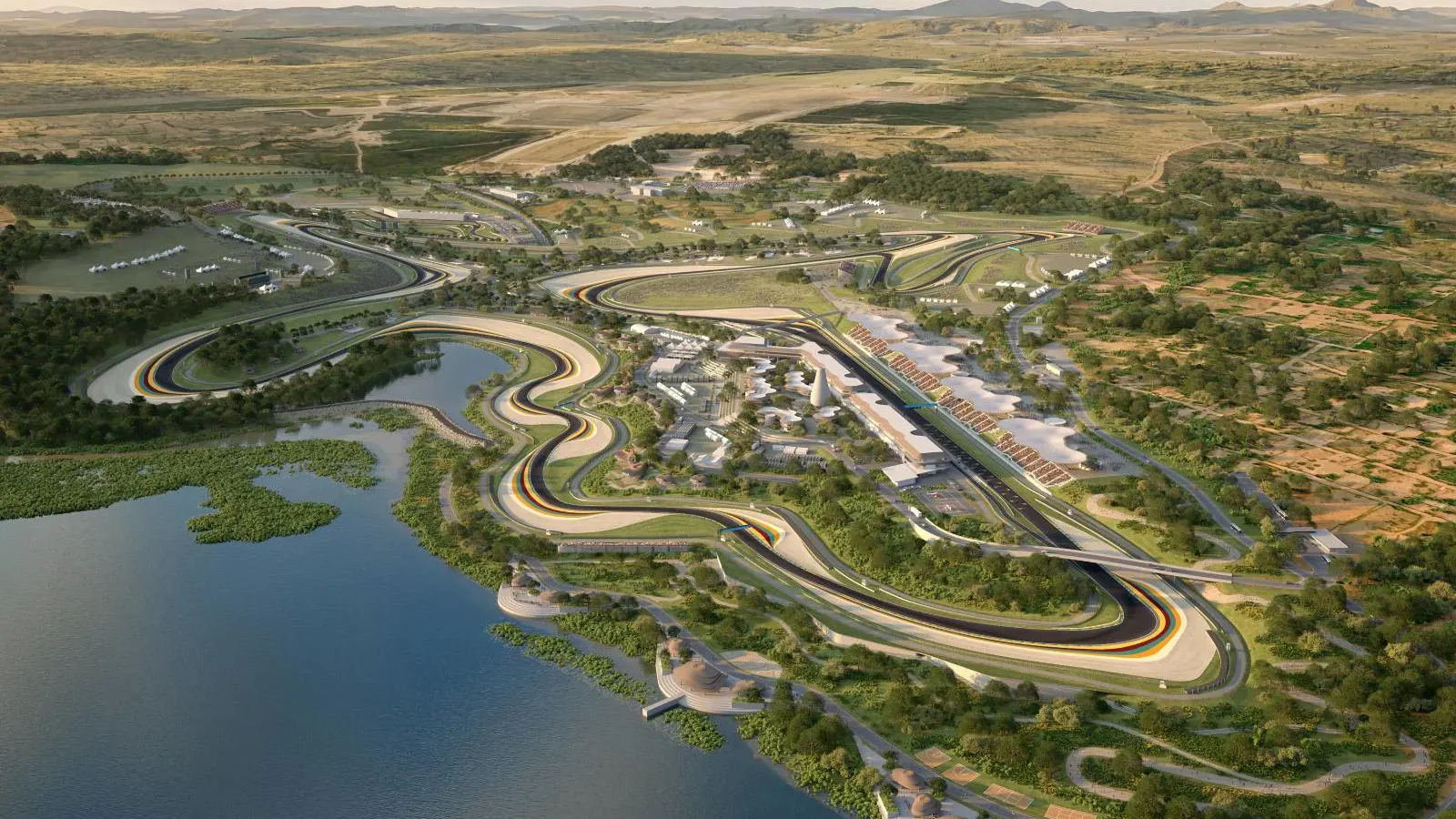 Image de synthèse : vue aérienne d’un circuit sinueux au bord d’un lac, entouré de collines vertes et de savane, avec des tribunes à toits blancs le long de la ligne droite des stands.