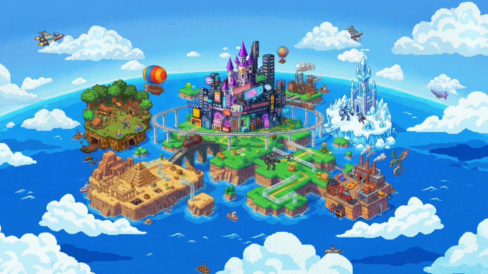 Illustration en pixel art d’un archipel au milieu de l’océan : un château violet entouré de gratte-ciel, une forêt, une pyramide dans le désert, un palais de glace, une usine, un train, des montgolfières et des avions.