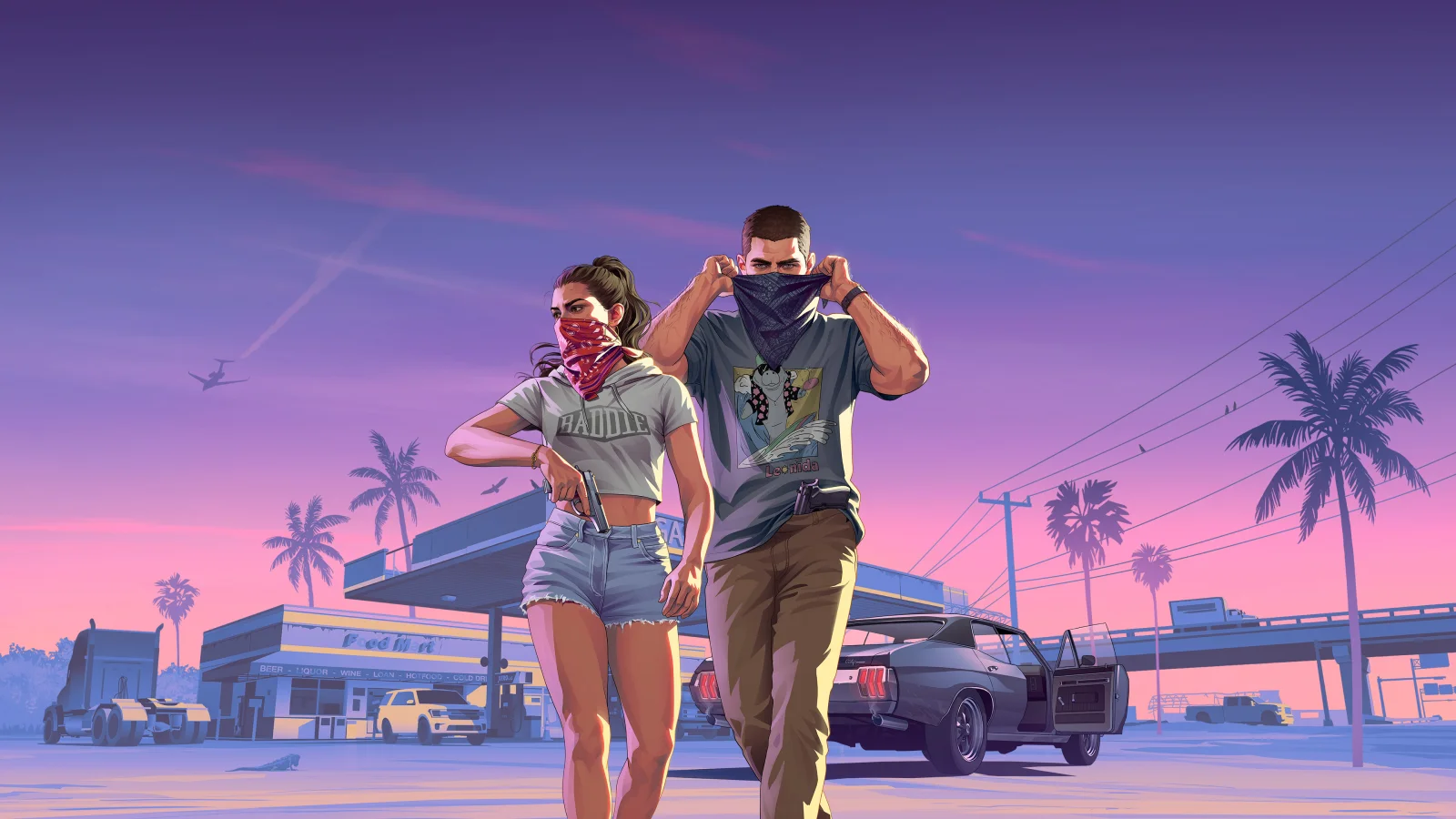 Illustration officielle de GTA VI : Jason et Lucia, foulards remontés sur le visage, marchent devant une station-service au crépuscule, une voiture portière ouverte derrière eux, sous un ciel violet et rose.