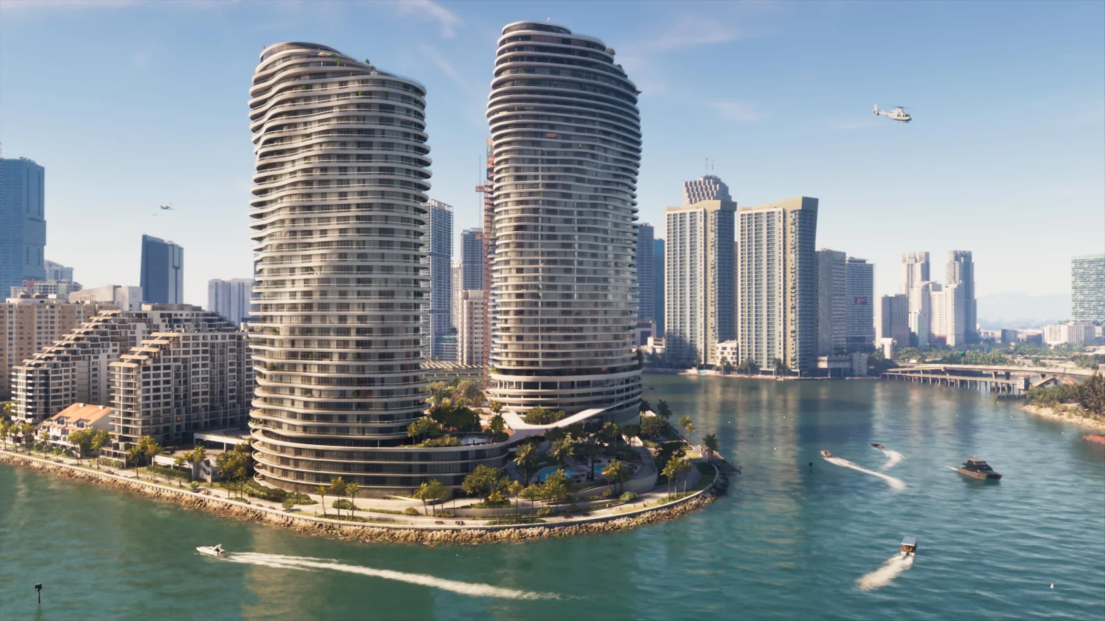 Capture officielle de GTA VI : deux tours ondulées au bord d’une baie de Vice City, des bateaux et un hélicoptère sous un ciel bleu.