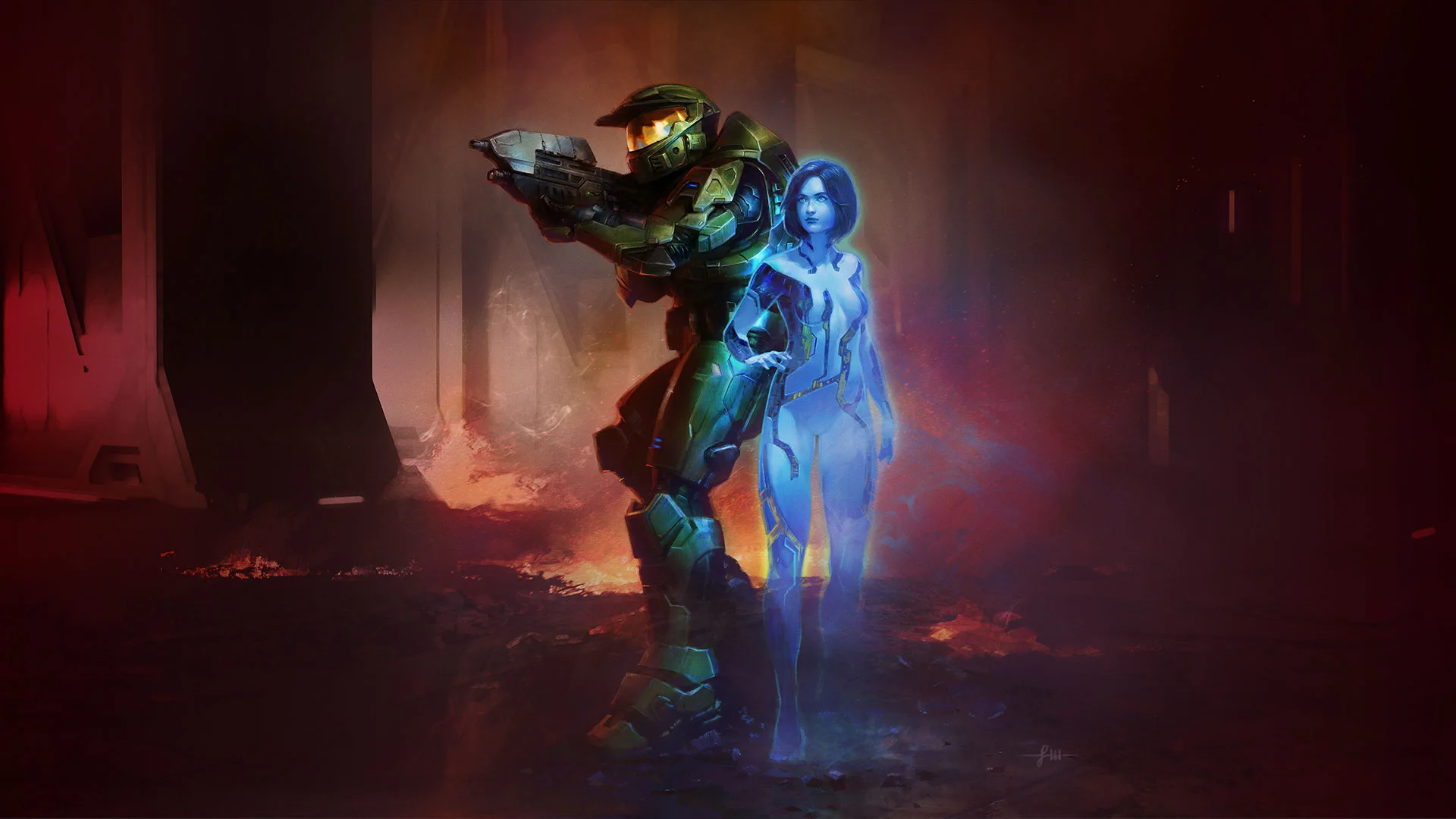 Illustration officielle de Halo: Campaign Evolved : le Major et Cortana dans une scène rouge et bleue, sans texte incrusté.