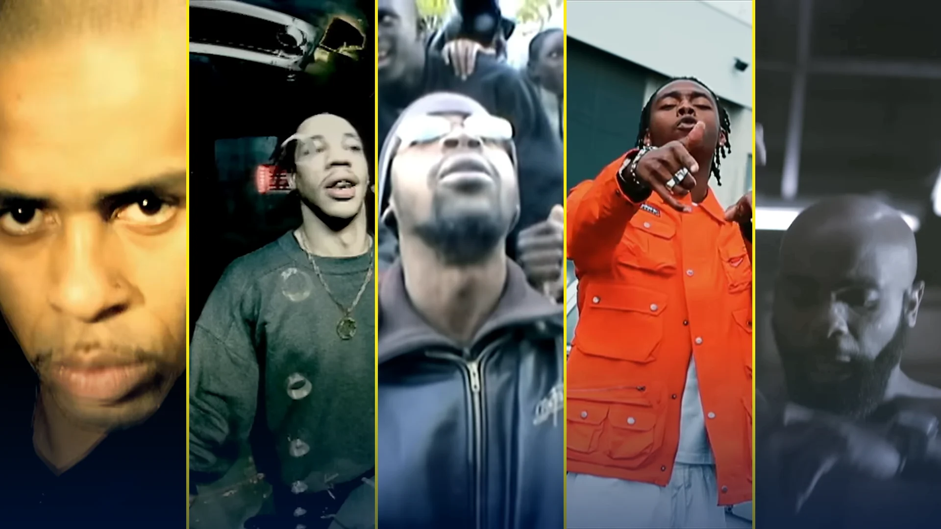 Montage de cinq portraits en bandes verticales séparées par de fins traits jaunes : un membre d’IAM en gros plan, JoeyStarr en sweat gris dans un décor en fish-eye, un rappeur de la Mafia K’1 Fry au milieu de la foule, un rappeur en veste orange devant un hangar d’aéroport, Kaaris torse nu dans la pénombre.