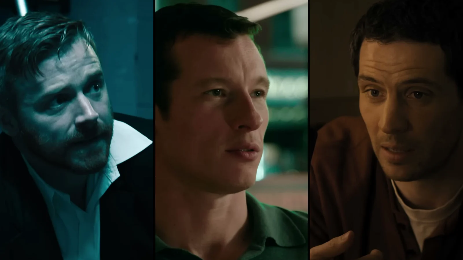 Trois portraits côte à côte, séparés par de fines bandes noires : Jack Lowden en costume sombre sous une lumière bleutée, Callum Turner en polo vert devant des néons flous, Josh O’Connor en chemise brune dans une lumière chaude.