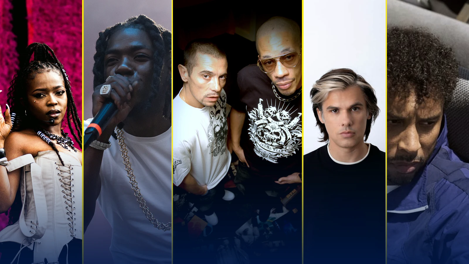 Montage de cinq portraits côte à côte, séparés par de fins traits jaunes : Theodora sur scène, Gazo au micro, Kool Shen et JoeyStarr de Suprême NTM, Orelsan sur fond clair et Disiz.