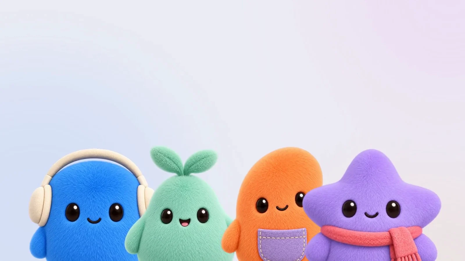 Les quatre mascottes d’OpenDots, des personnages en peluche bleu avec un casque audio, vert avec une pousse, orange et violet en forme d’étoile avec une écharpe, alignés sur un fond pastel.