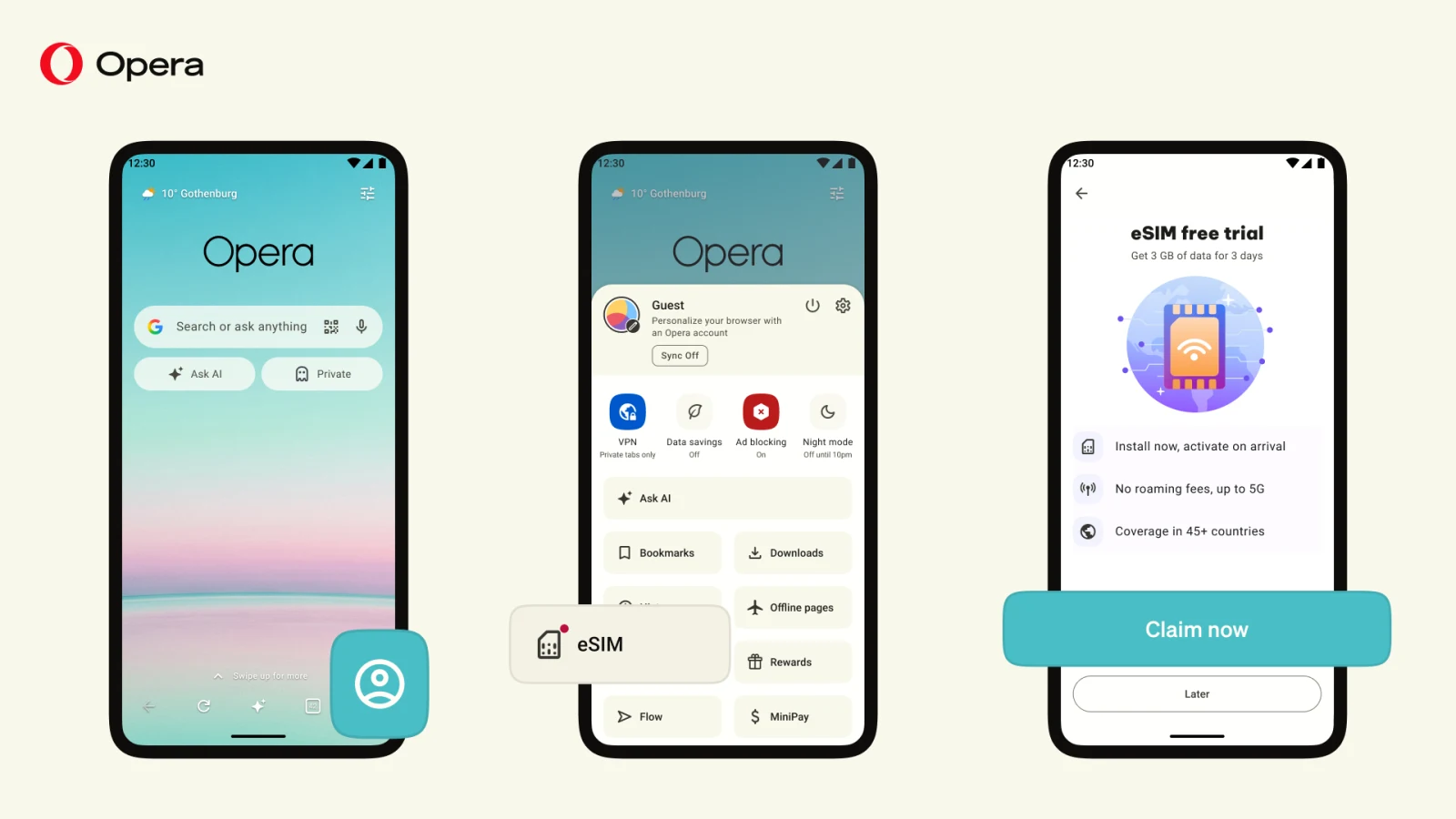 Trois écrans d’Opera pour Android : la page d’accueil, le menu du profil avec l’option eSIM, puis l’écran de l’essai gratuit avec le bouton « Claim now ».