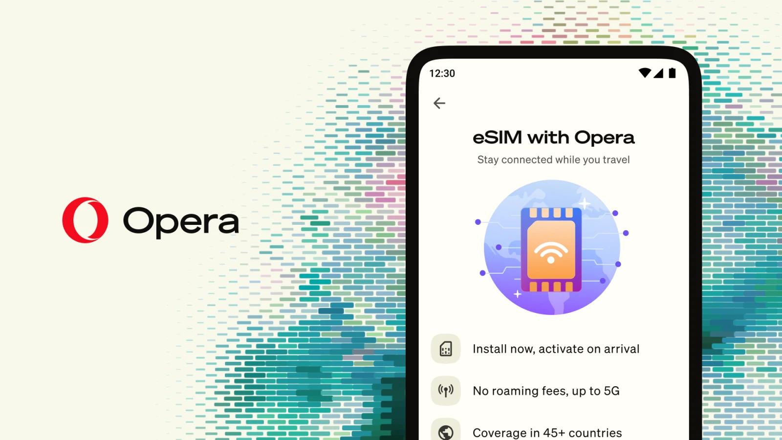 Le logo Opera à côté d’un téléphone Android affichant l’écran « eSIM with Opera », avec une illustration de carte SIM et d’antenne Wi-Fi.