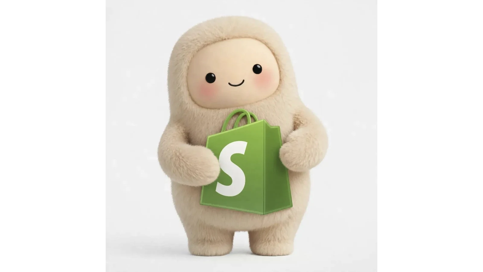 Mascotte de Muse tenant un sac vert Shopify sur un fond blanc.