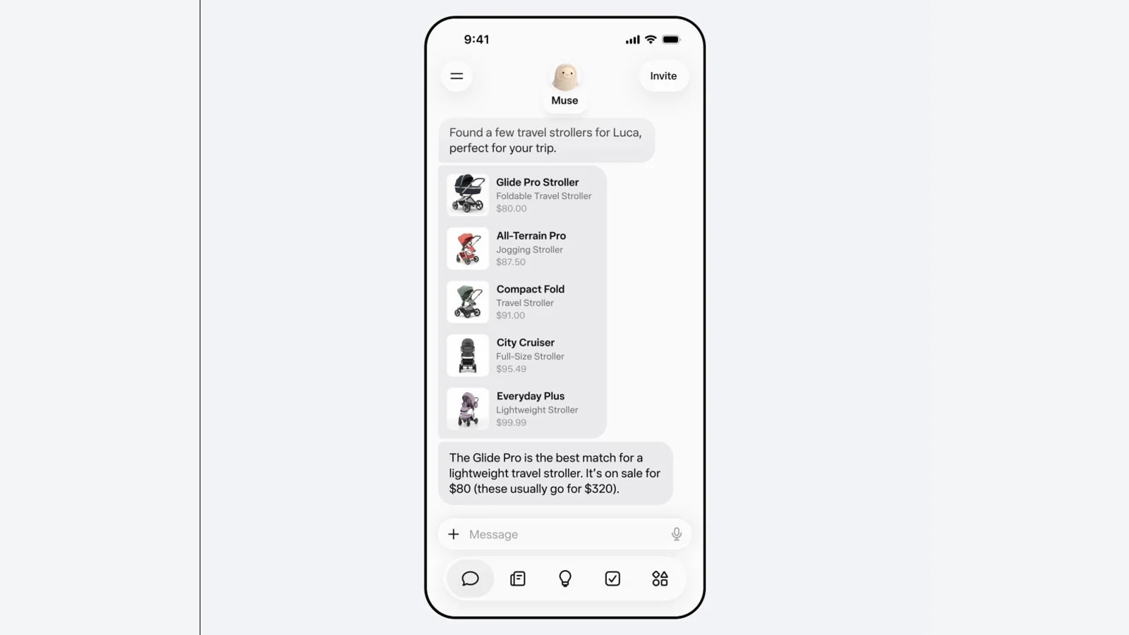 Interface officielle de Muse affichant une sélection de poussettes avec leurs prix.