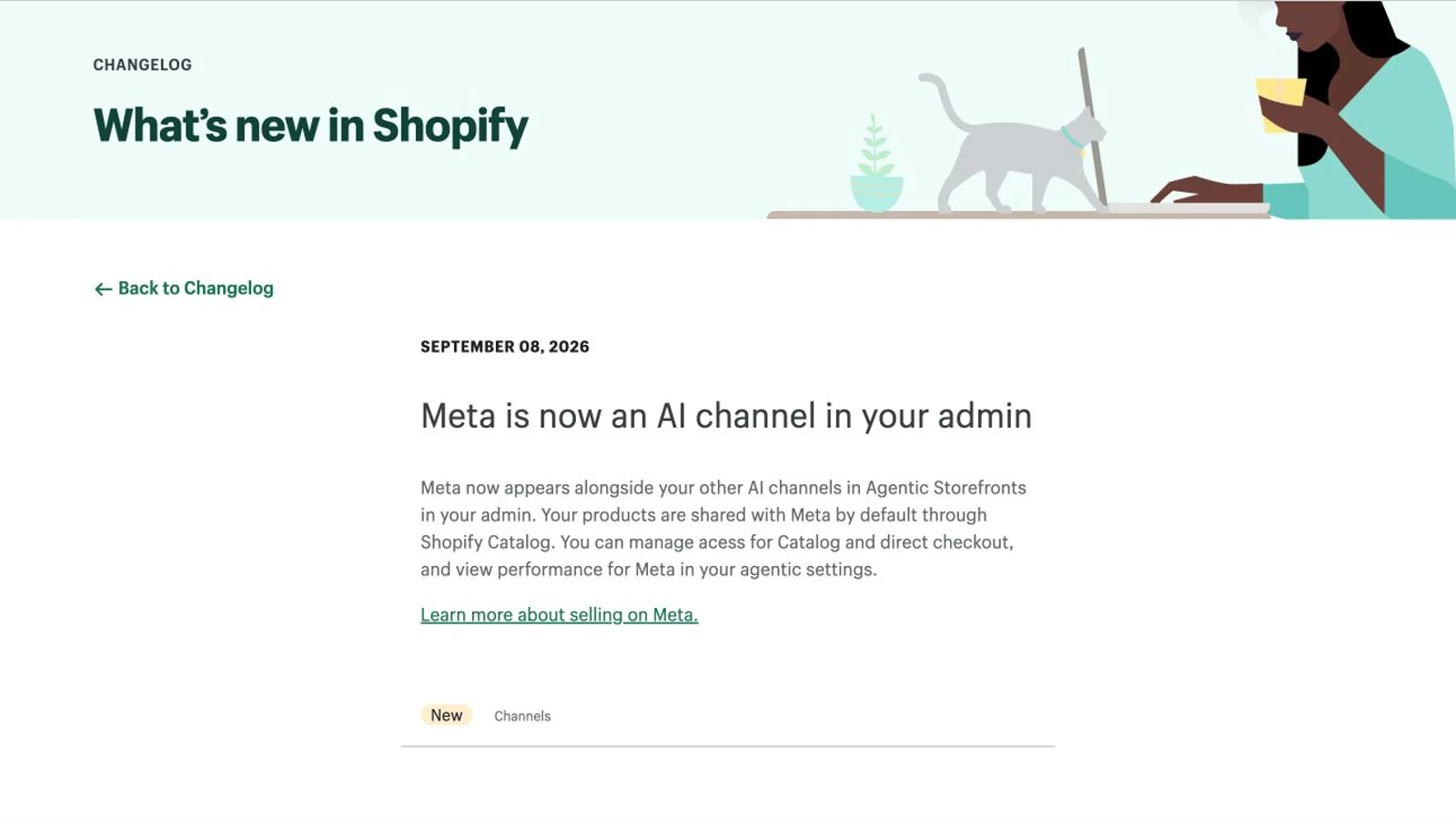 Annonce officielle de Shopify indiquant que Meta devient un canal IA dans l’administration des marchands.