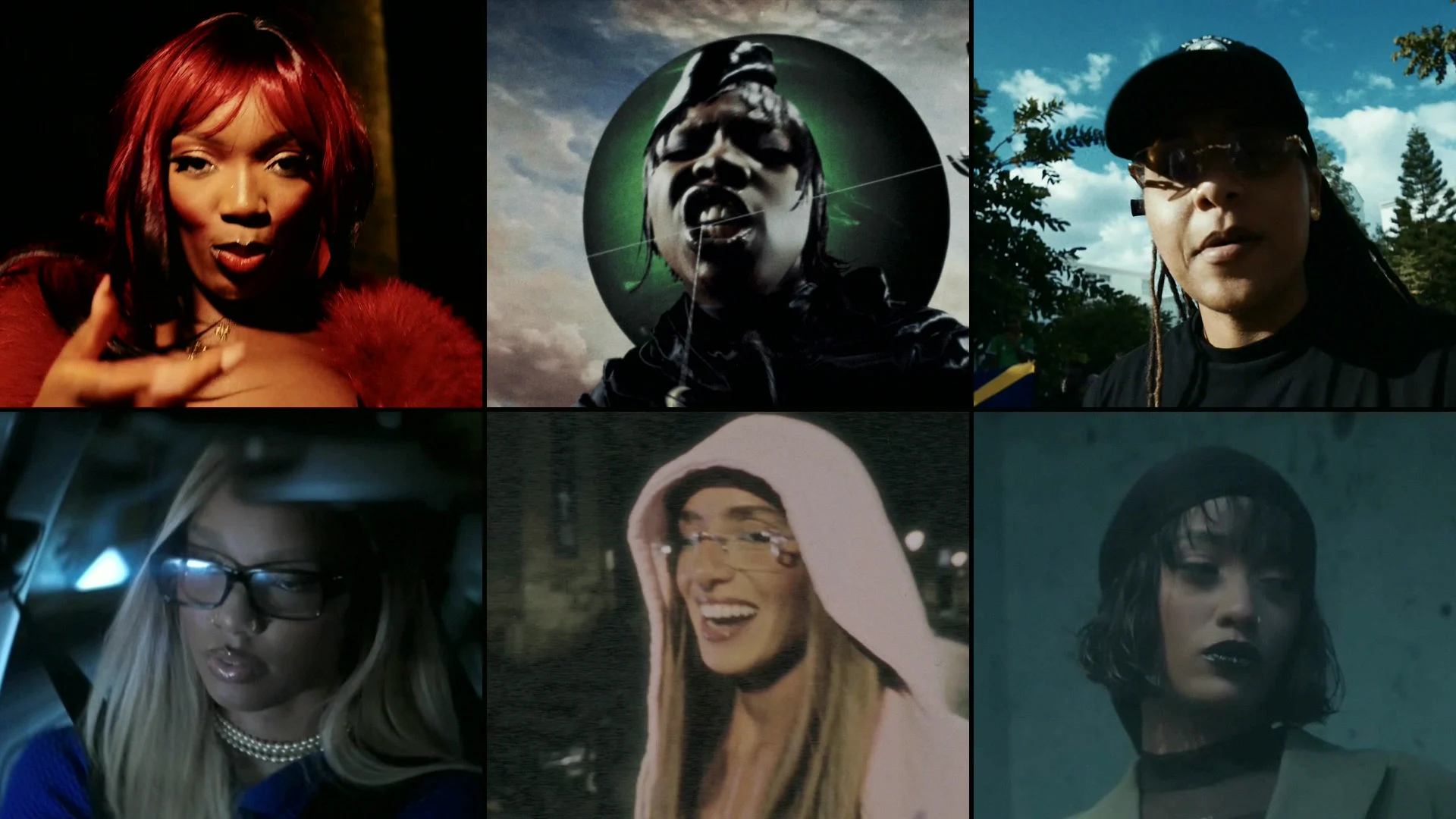 Six portraits alignés en deux rangées : en haut Davinhor, cheveux rouges et fourrure rouge, Theodora devant un disque vert sur fond de ciel, Meryl en casquette et lunettes de soleil ; en bas Ronisia, blonde à lunettes dans une voiture de nuit, Doria en capuche rose qui rit, Shay sur un fond bleu-vert.