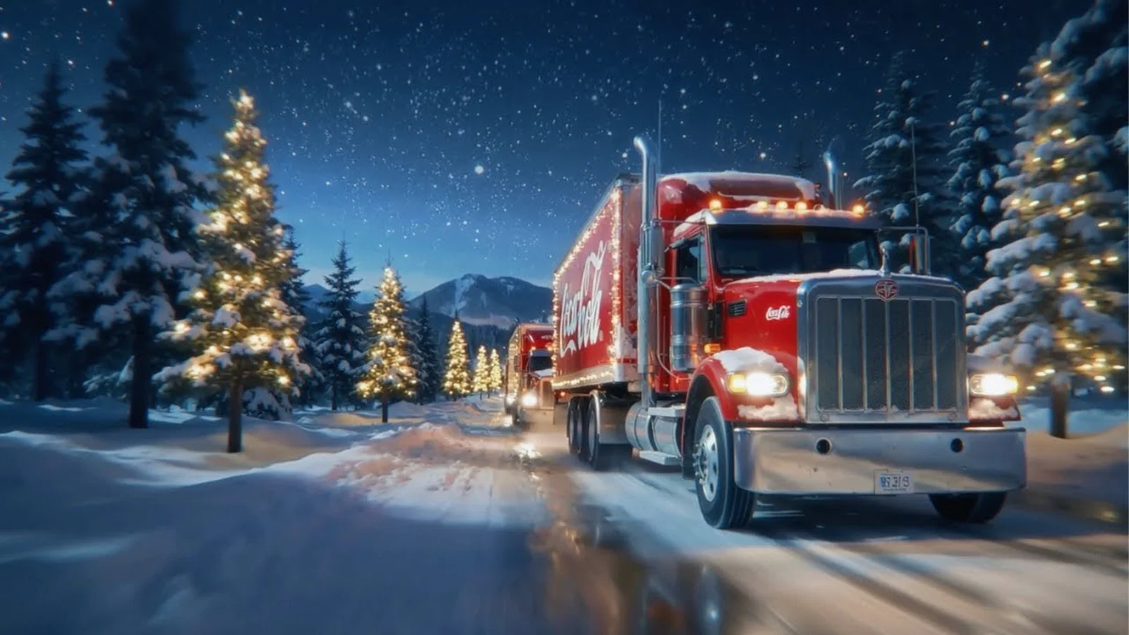 Des camions rouges Coca-Cola illuminés roulent de nuit sur une route enneigée bordée de sapins décorés de lumières, dans le film « Holidays Are Coming » de Coca-Cola.