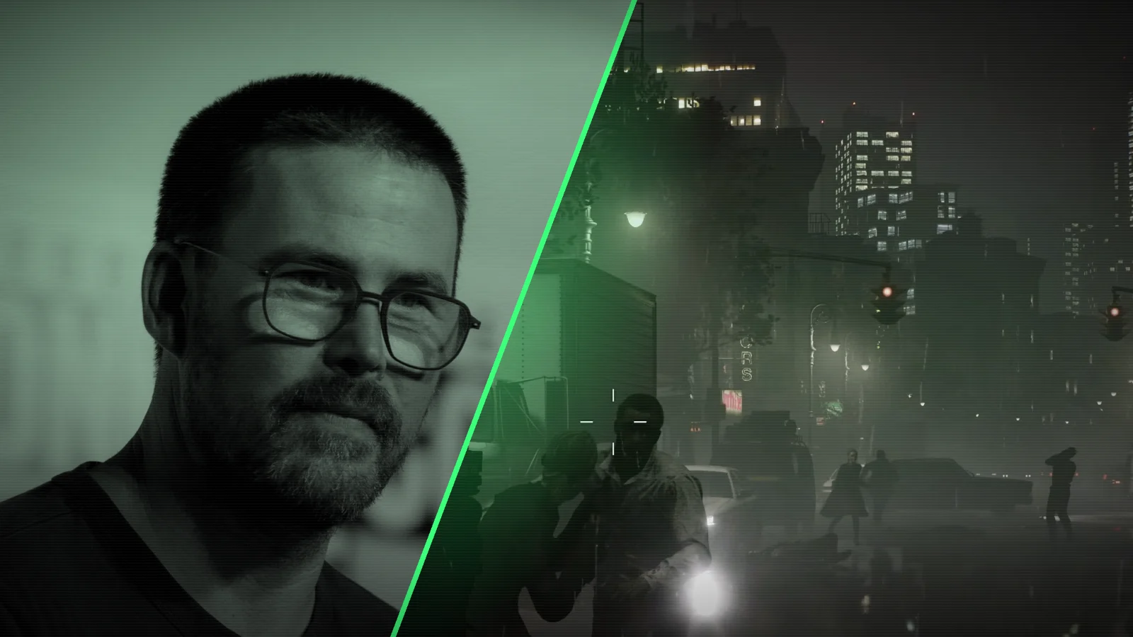 Montage : à gauche, Zach Cregger en portrait noir et vert ; à droite, une rue de nuit envahie de créatures, tirée du jeu Resident Evil Requiem, séparées par une diagonale verte.
