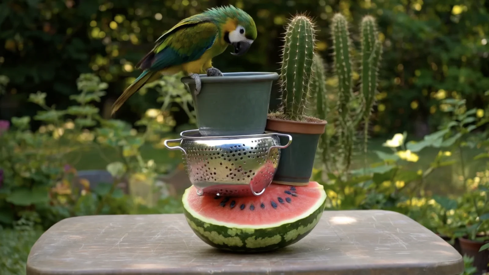 Image générée par Runway Gen-4.5 et publiée par Runway : un perroquet vert et jaune perché sur un seau, empilé sur une passoire en inox et une demi-pastèque, à côté d’un cactus en pot, sur une table de jardin.