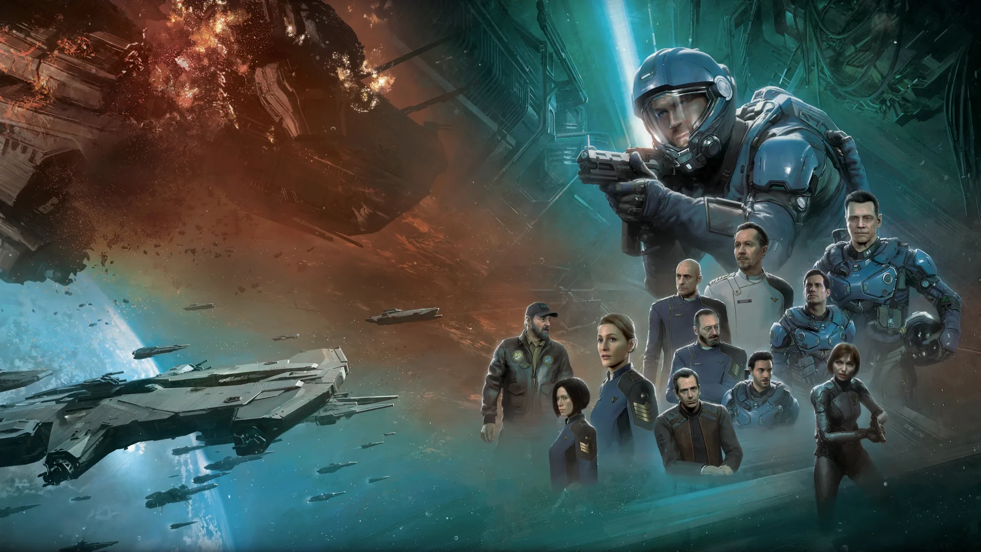 Affiche officielle de Squadron 42 : à droite, l’équipage du jeu en uniformes et armures de la Navy, un pilote casqué au-dessus d’eux ; à gauche, une flotte de vaisseaux au-dessus d’une planète.