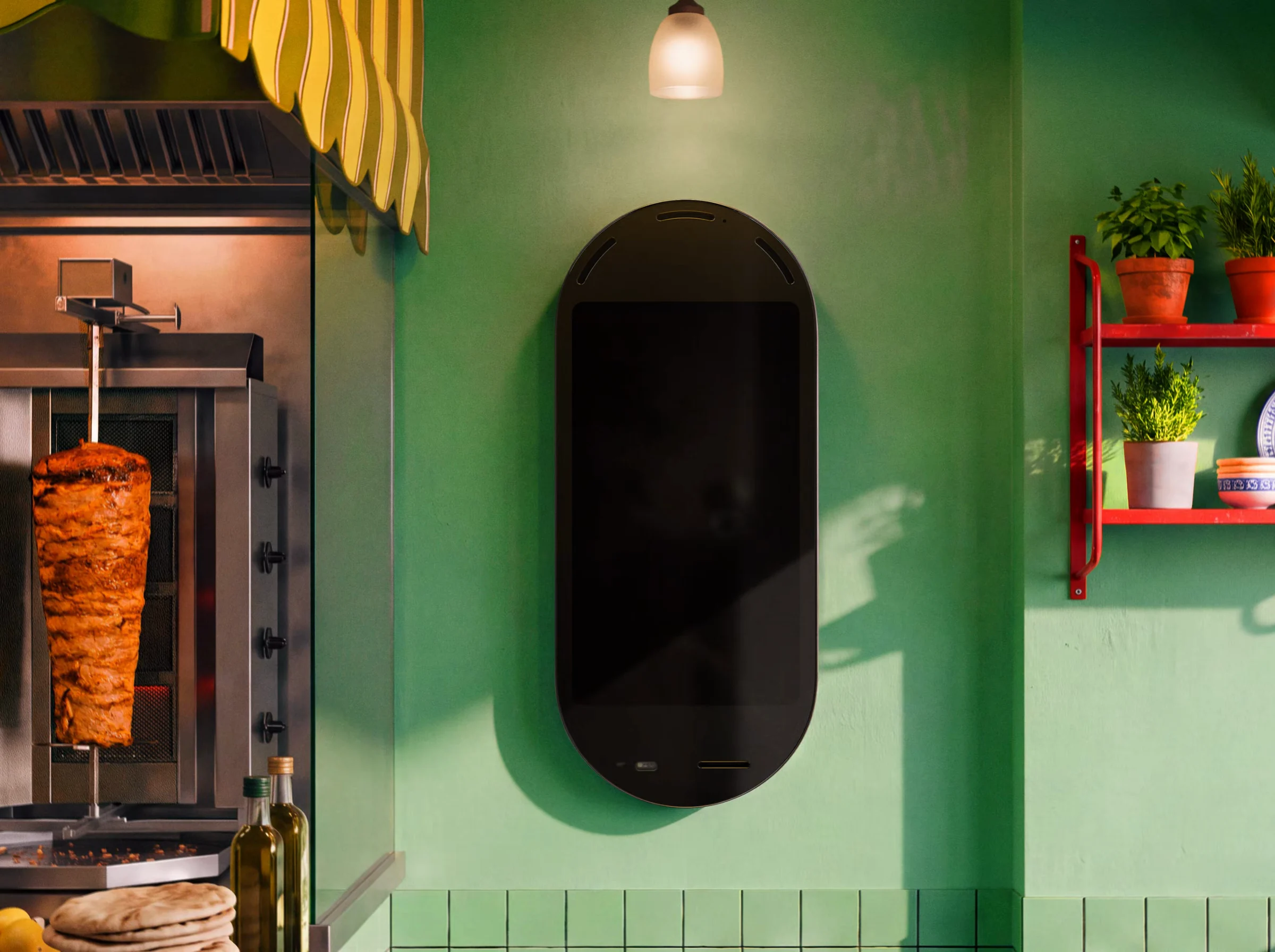 La borne Square Kiosk, écran ovale noir, fixée sur un mur vert dans un petit restaurant, entre une broche de viande à kebab à gauche et une étagère rouge garnie d’herbes en pot et de vaisselle à droite.