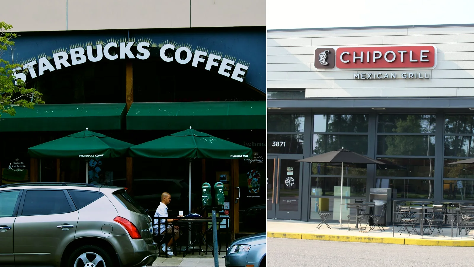 Montage de deux devantures : à gauche, un café Starbucks à Long Beach, en Californie, avec ses parasols verts en terrasse ; à droite, un restaurant Chipotle Mexican Grill à Mobile, en Alabama.