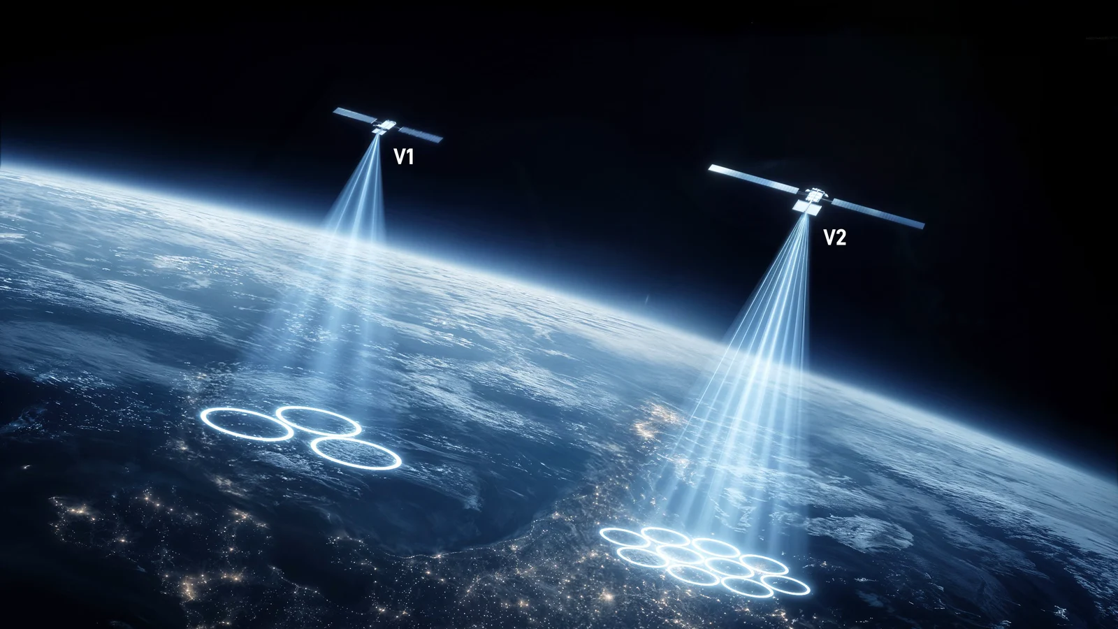 Image de synthèse : deux satellites au-dessus de la Terre de nuit, marqués V1 et V2 ; le premier projette trois faisceaux au sol, le second une grappe d’une dizaine de faisceaux plus serrés.