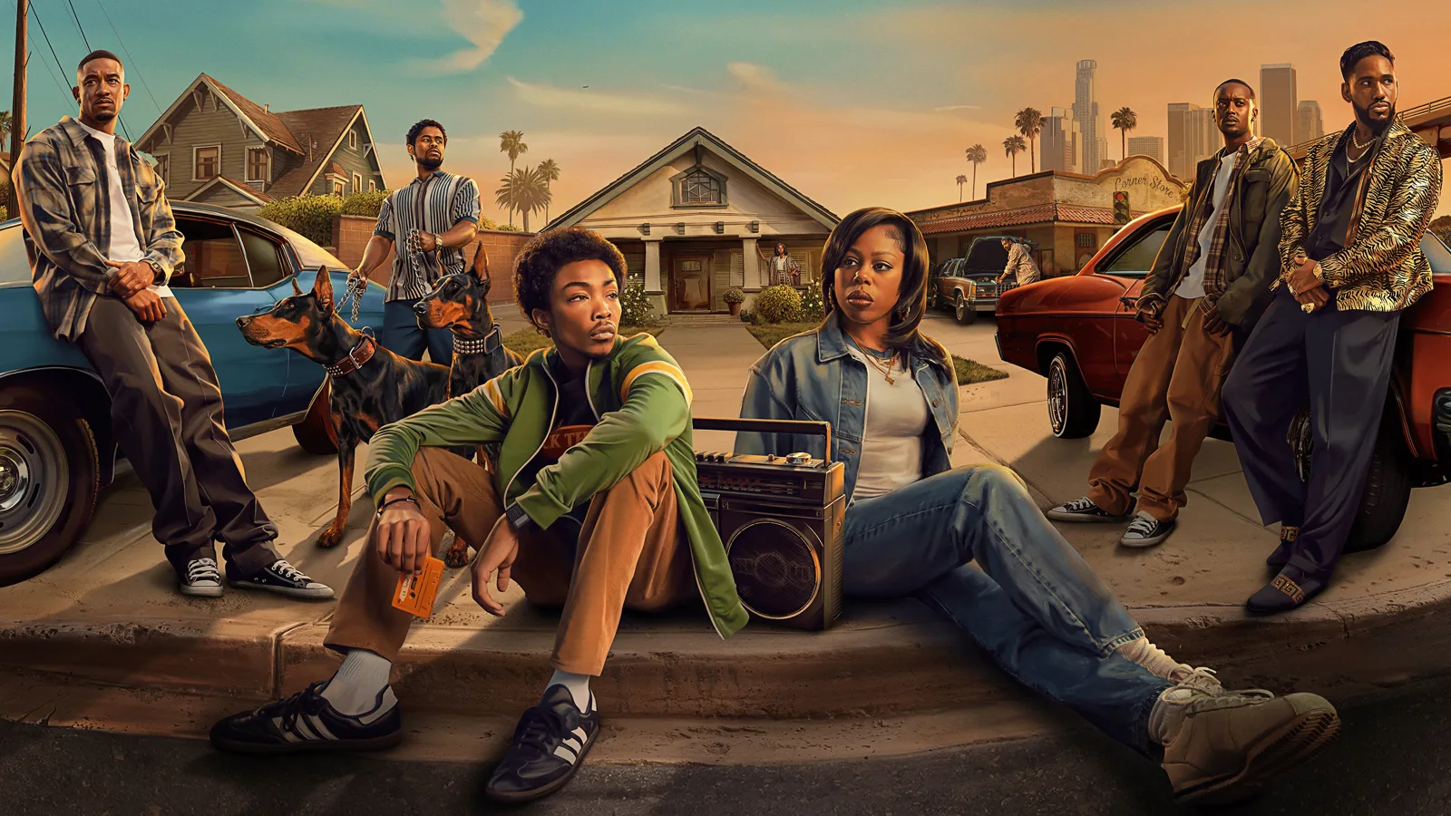 Les personnages de The Drop posent sur un trottoir de Los Angeles au coucher du soleil : Wanda assise à côté d’un ghetto-blaster, entourée des autres personnages de la série.