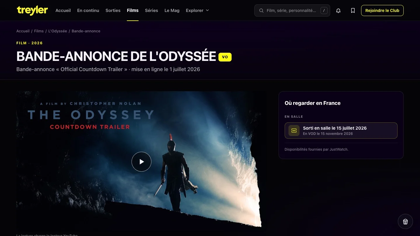 La page bande-annonce de L’Odyssée sur Treyler, avec le lecteur vidéo, la version VO et l’encadré « Où regarder en France ».