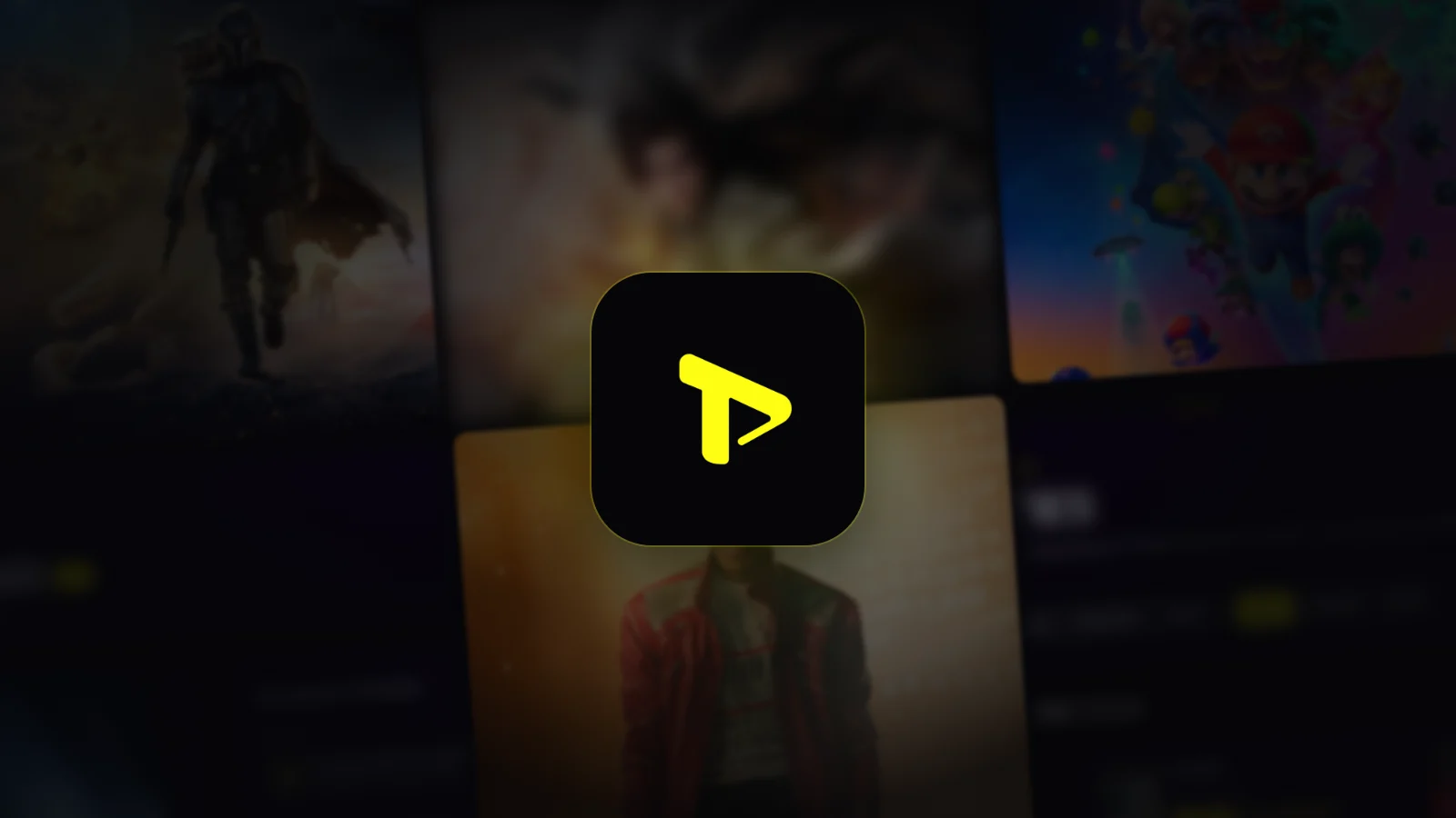 L’icône jaune de Treyler au centre d’une mosaïque floutée d’images de films (The Mandalorian and Grogu, Super Mario Galaxy, Michael) et de pages du site.