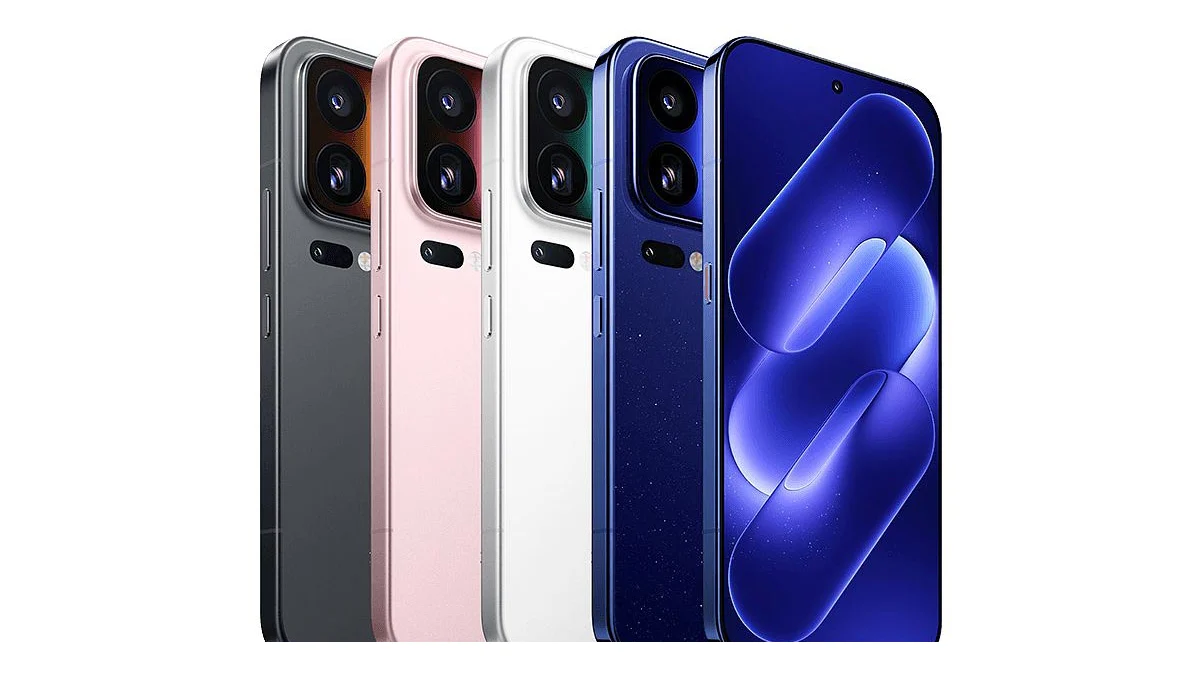 Quatre Xiaomi 18 Pro Max vus de dos (gris, rose, blanc, bleu) et un cinquième vu de face, écran allumé, sur fond blanc.