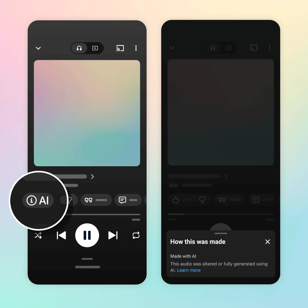 Deux écrans de smartphone du lecteur YouTube Music : à gauche, un badge « AI » agrandi sous le titre du morceau ; à droite, le volet « How this was made » qui indique « Made with AI ».