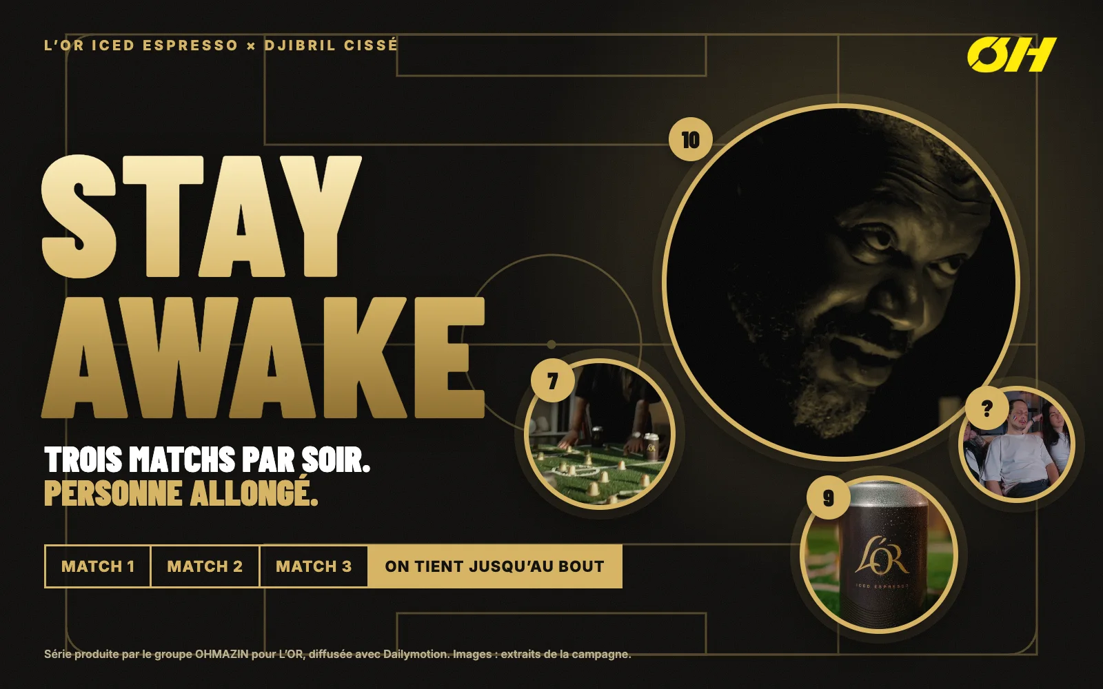 Montage graphique noir et or : Djibril Cissé en coach, une canette L’OR Iced Espresso posée sur une pelouse, un tableau tactique où les capsules de café font les joueurs, des supporters endormis dans un canapé, et le titre « Stay Awake ».