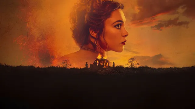 Image officielle de la série À l’est d’Éden : un visage de femme sur un ciel orangé au-dessus d’une ferme.