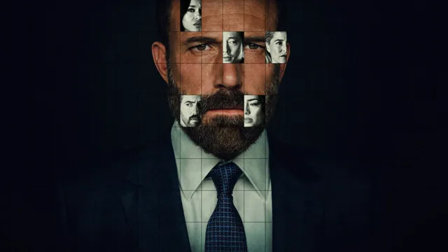 Image officielle d’Animals : Ben Affleck en costume, le visage fragmenté par des portraits.